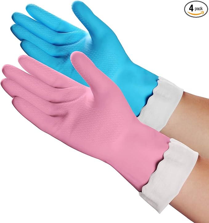 HSL Household Cleaning Gloves - Reusable Kitchen Dishwashing Gloves with Latex Free, Cotton lining, Waterproof, Non-Slip (Large, 2 Pairs)