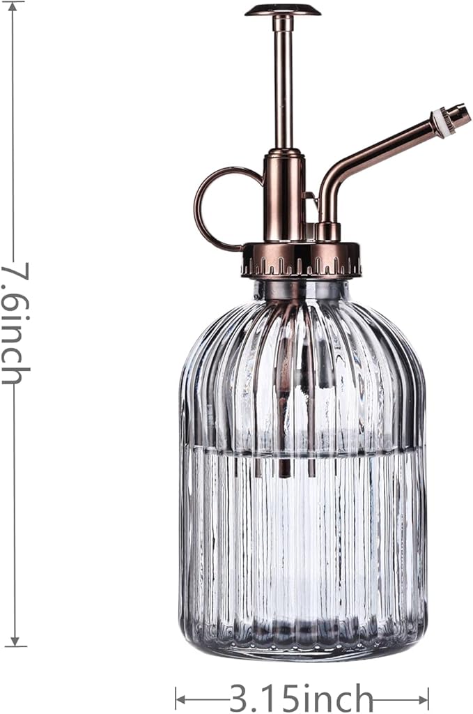 Glass Plant Mister - 7.5" Green Glass Water Spray Bottle with Gold Top Pump, Indoor/Outdoor Small Plant Sprayer (Gray+Bronze)
