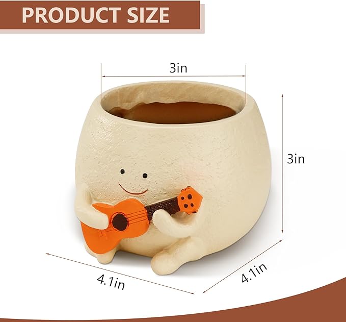 Face Planter Pot Funny Smiley Head Plant Pots with Drainage Hole for Indoor Plants, Cute Guitar Succulent Flower Pot, Unique Gifts on Birthday, Christmas