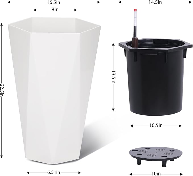GarveeLife 22.5 in Tall Diamond Planters Set of 2, Self Watering Planters with Water Level Monitor, Flower Pots Outdoor and Indoor for Patio, Porch, Living Room, Home Office, White