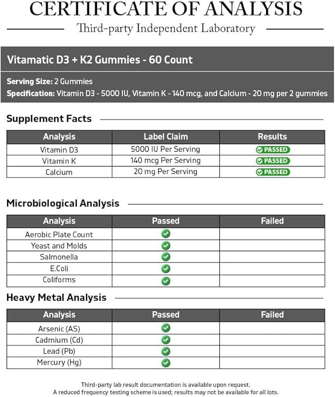 Vitamatic Vitamin D3 & K2 Gummies (2-Pack, 60 Count) Supports Healthy Bones, Heart Health, Calcium Absorption, and Immune Function Plant-Based, Non-GMO, Gluten-Free