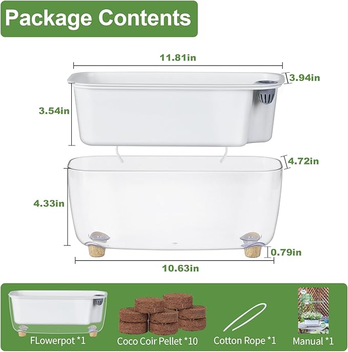 Oliz Self Watering Planter with Coco Coir Pellets, 11.8 Inch Plastic Rectangular Windowsill Plant Pot with Drainage Holes, High Clear Modern Decorative Flower Pot for Indoor Plants, African Violets
