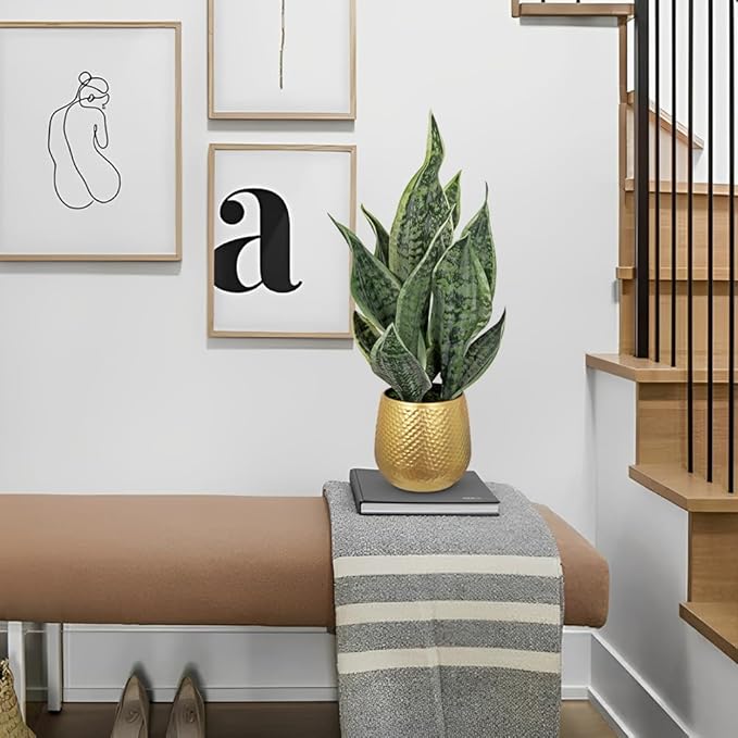 DILATATA Artificial Snake Plant in Gold Pot, 18” Faux Sansevieria Potted Plant for Home Office Decor, Fake Snake Plants Indoor Modern Tabletop Decor Faux Mother in Law Tongue
