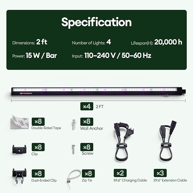 Maygrove Plant Grow Light 2ft, Tunable Full Spectrum LED Grow Light Strips 60W (4 x 15W), T5 Growing Lamp for Indoor Plants, Greenhouse, High PPFD, 4-Pack