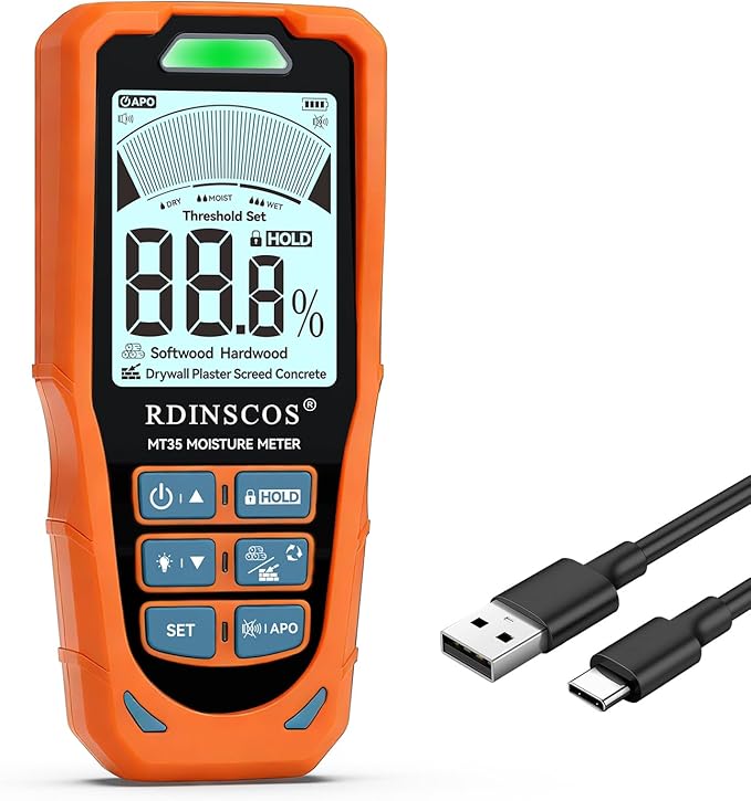 RDINSCOS Pinless Moisture Meter, 6-in-1 Moisture Detector Non-Destructive Moisture Tester for Wood,Drywall, Plaster, Concrete, Screed & Flooring with Audible Alarm & Rechargeable Battery