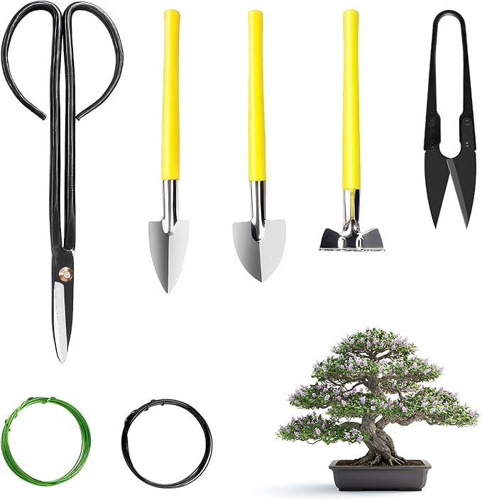 MOSFiATA Bonsai Tools Set 7Pcs, Bonsai Tree Tools Kit Succulent Trimming Tools Include Scissors, Cutters, Rake, Round and Pointed Shovel &Training Wire for Bonsai Beginner Gardening Gifts