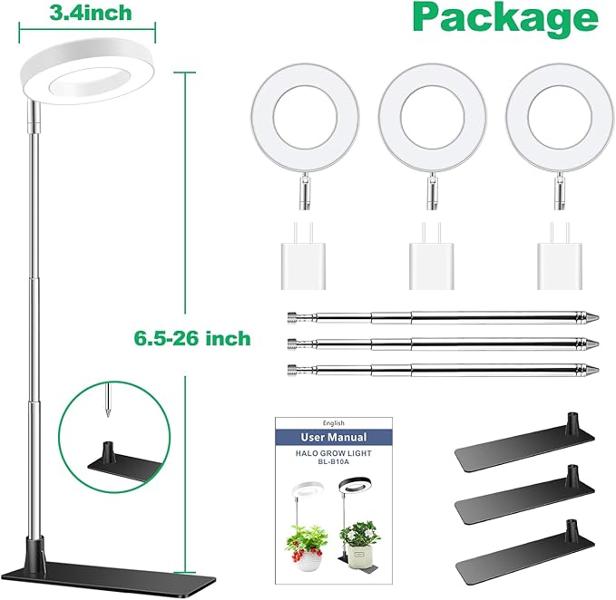 Aokrean Grow Light, Full Spectrum Plant Lights for Indoor Growing with with 3/9/12H Timer, 3 Color Modes, 10 Brightness, 6.5"-26" Height Adjustable Halo Grow Light with Base, 3 Pack(3.4in)