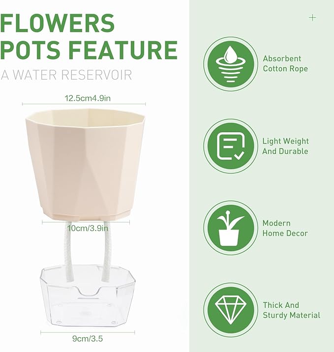 6 Pack Self Watering Planter Pots, 5 Inch Plastic Planters with Drainage Holes, Cotton Rope and Clear Reservoirs, Decorative Flower Pots for Indoor Outdoor Plants (Cream)