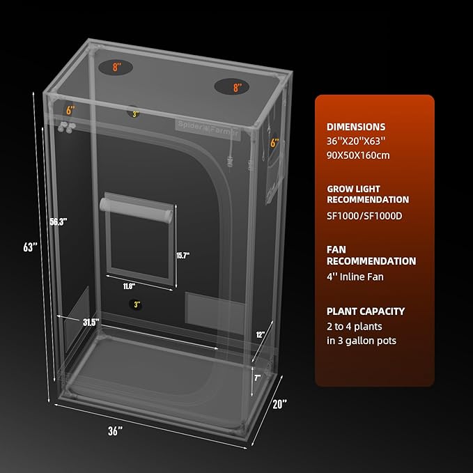 Spider Farmer 3x2 Grow Tent 2025 New, 36"x20"x63", with Hook for Controller and Power Strip, View Window, 1680D Thicken Mylar Canvas for Indoor Hydroponic Growing SF1000, SE1500, G1500