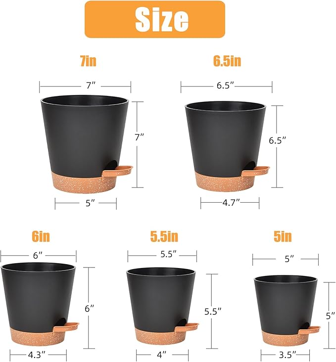 Vanslogreen Planters for Indoor Plants 7/6.5/6/5.5/5 Inch, Self Watering Flower Pots with Drainage Holes and Saucers 5 Pack Plastic Pots for Plants, Succulents, Herbs, Cactus, Flower, Black