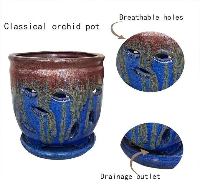 Large 6inch Ceramic Orchid pots with Holes, Flower Pot with Saucer for Indoor Plants Home Decorative, Round Planter (Blue+Golden Brown)