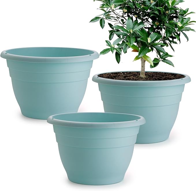 RooTrimmer 3 Pack 11 Inch Plant Pots with Drainage Hole and Plug, Durable Plastic Flower Pots for Indoor & Outdoor Plants, Elegant Mordern Plant Pots Perfect for Herbs, Flowers & Succulents, Blue