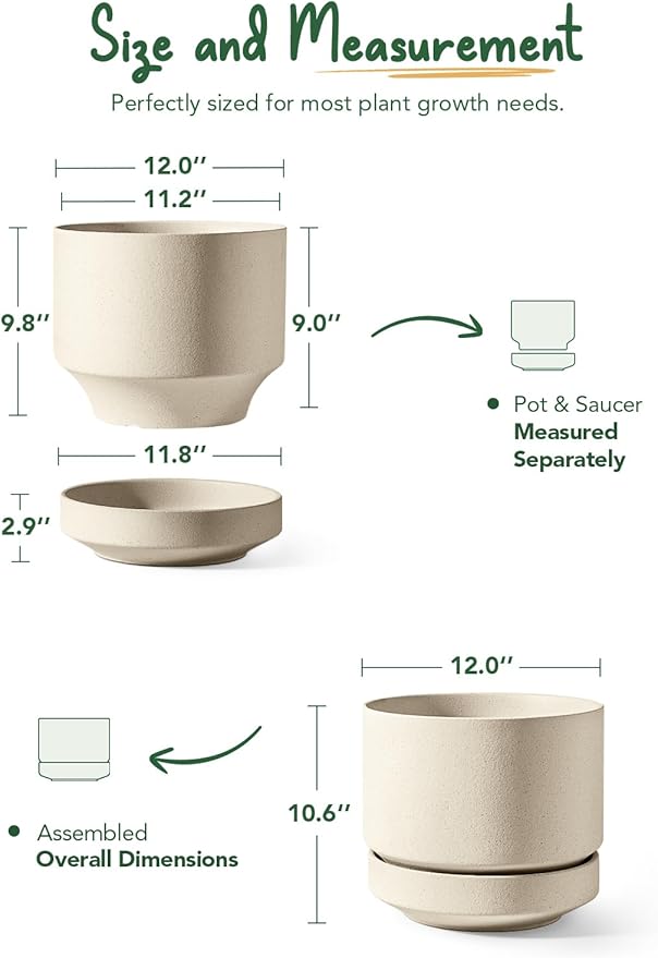 LE TAUCI 12 Inch Pots for Plants with Saucer, Ceramic Indoor Planter Pot for Plants with Drainage Hole, Mesh Pad Included, Unglazed Porous Ceramic, Modern for Home and Office, Speckled Oat