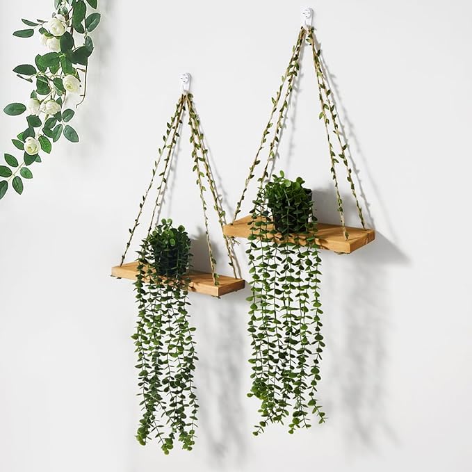 2 Pack Wooden Hanging Shelves with Artificial Eucalyptus Plants Wall Decor for Living Room, Bedroom, Bathroom - Fake Hanging Plant and Wood Wall Shelf Set for Boho Farmhouse Home Decor