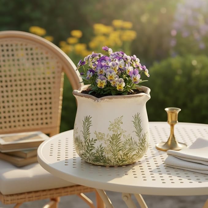 Xiaan Jiaju Cottagecore Ceramic Vase and Planter, 6 Inch Flower Pot with Drainage for Indoor House Plants, Country Cottage Garden Home Decor, Rustic Farmhouse Gift for Plant Lovers
