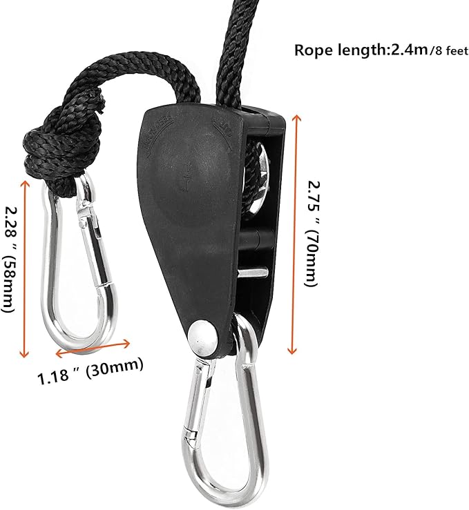 4 Pair 1/4 Inch 8 Feet Long Adjustable Rope Clip Hanger, Grow Light Ratchet Hanger with Reinforced Internal Metal Gears for Hanging, 150lb Bearing Capacity Per