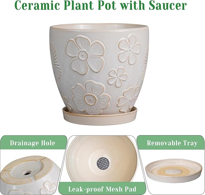MPotTo 10 Inch Ceramic Planter Pot Large Plant Pot for Indoor Plants Outdoor Round Flower Pot with Drainage Hole and Saucer for Home Garden Decor White