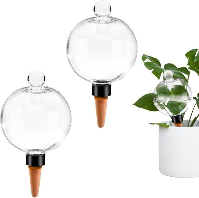 2pcs Plant Self Watering Globes with Covers, Plastic Water Bulbs Top Fill, Plant Watering Devices System Slow Release Terracotta, Water Spikes Stakes for Indoor(2)