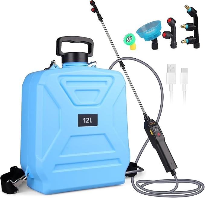 Battery Powered Garden Sprayer 3.2 Gallon Electric Pump Backpack Sprayer with USB Rechargeable Handle, Telescopic Wand, Adjustable Strap and 4 Mist Nozzles for Yard, Lawn, Cleaning 12L