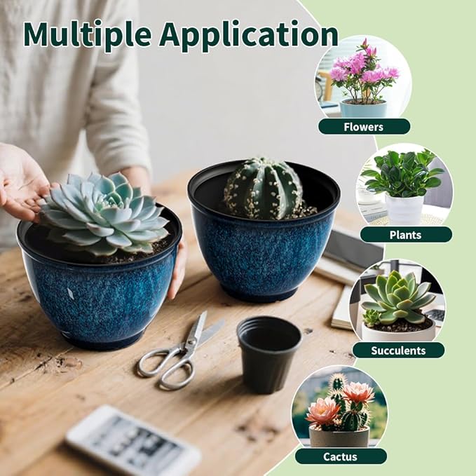 Vanslogreen Plant Pots, Set of 4 Plastic Planters with Drainage Hole, 8 Inch Glaze Plastic Flower Pots for Plants, Nursery Planting Pot, Planter for Indoor Outdoor Home Decorative(Blue)