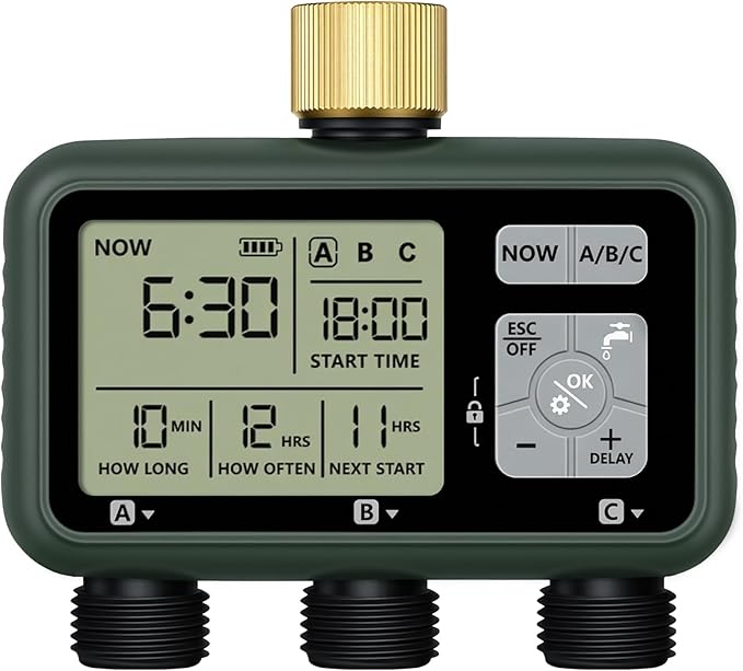 3 Zone Brass Sprinkler Timer, Garden Hose Timer, Automatic Irrigation System, Programmable Faucet, 3 Outlets, with Rain Delay, Manual Mode,Child Lock, for Yard, Garden, Lawn, Green E13WT06
