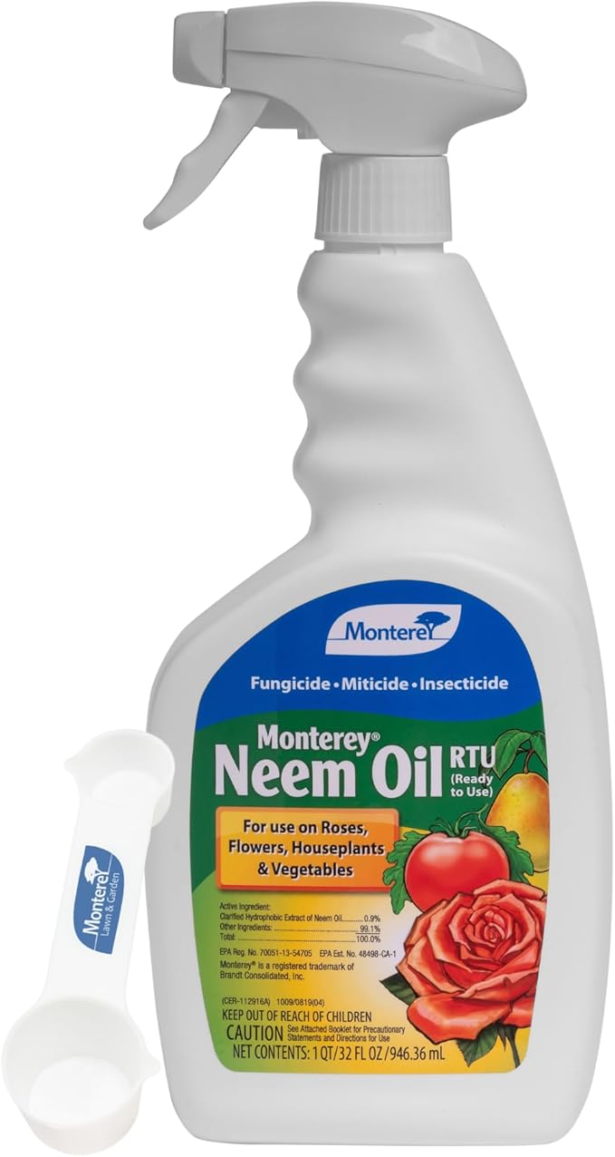 Monterey Neem Oil RTU – 32oz Fungicide/Insecticide/Miticide – Controls Black Spot, Powdery Mildew, Rust, Spider Mites, Aphids, and More – Bunded with Garden Measure Spoon