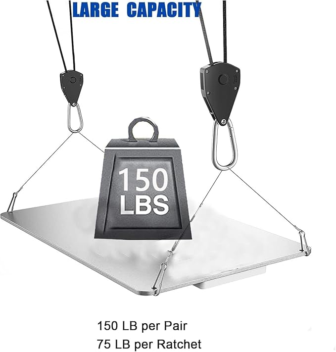 Grow Light Rope Hanger 2Pairs， Adjustable Rope Ratchet Hangers 150 Lbs per Pair with Stainless Steel 2.5" S Hook