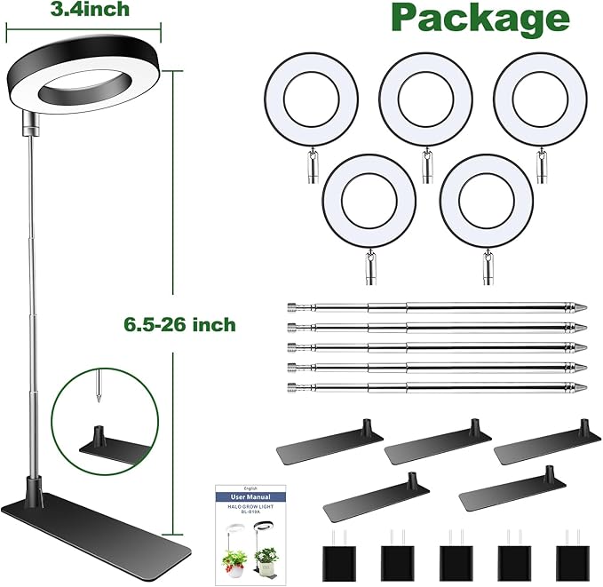 Aokrean Grow Lights for Indoor Plants, Full Spectrum Plant Lights for Indoor Growing, Height Adjustable Halo Grow Light with Base, 3 Optional Spectrums, Auto Timer 3/9/12Hrs, 10 Brightness, 5 Pack