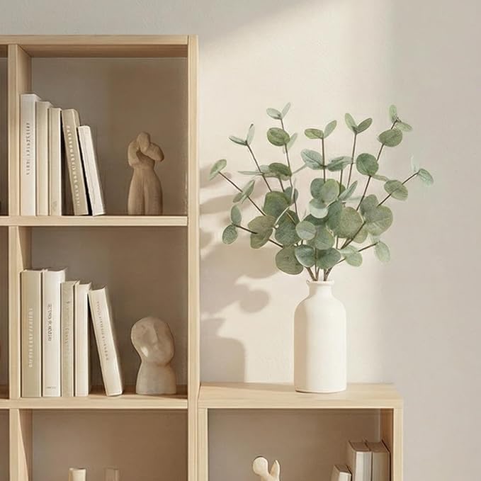 15" Artificial Eucalyptus Stems Potted Plant - Realistic Small Fake Desk Plants for Office Home Decor, Faux Plants in Frosted Ceramic Vase for Indoor Spaces, Wedding Centerpieces Table Decor（4pcs leaf