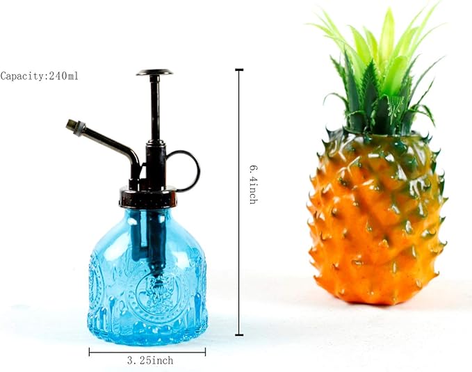 Hniuyun Glass Plant Mister Spray Bottle, 6.4 All Vintage Plant Spritzer Watering Can, Bronze Plastic Top Pump, Plant Mister Glass Watering Garden Tool (Blue)