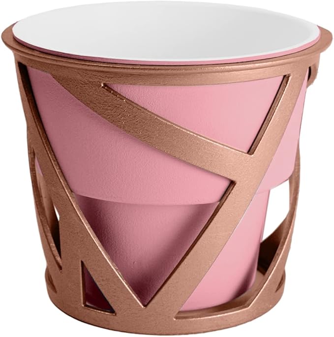 The HC Companies 5 inch Indoor Plant Pot with Stand – Small Curio Blush Planter with a Geometric Stand in a Copper Finish