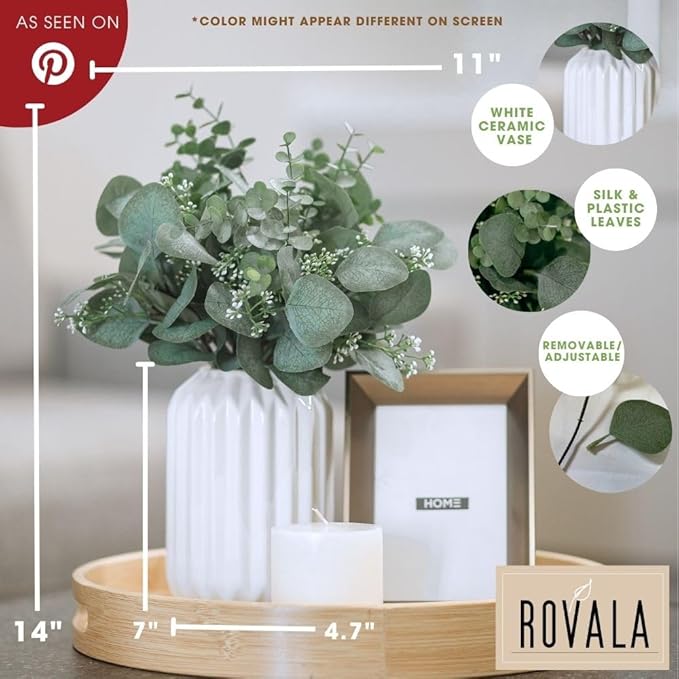 Fake Eucalyptus Decor in White Ceramic Vase Realistic Faux Plants Indoor Tabletop Fake Desk Plants for Office Small Potted Plant Artificial Decor Small Fakeplants for Shelves Bathroom Kitchen