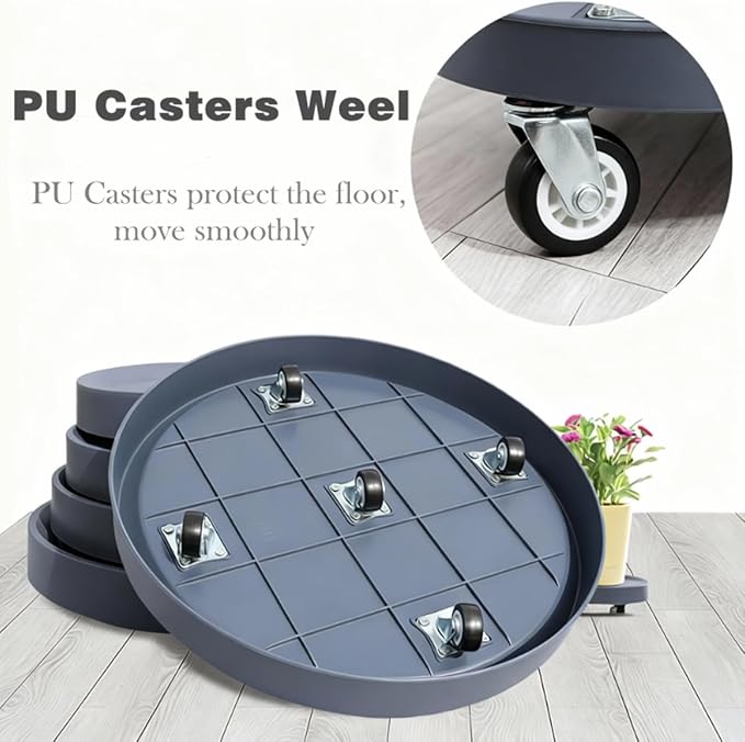 14.8 inch Plant Caddy with Hidden Wheels 2Pack Heavy Duty Round Rolling Tray,Light Gray+Gray,for Large Pots, Air Purifiers, Ceramic Decor