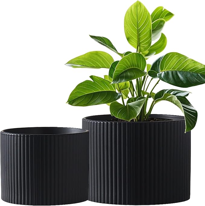 Matte Black Ceramic Plant Pots, 8.1 + 6 Inch Planters for Indoor Plants, Modern Flower Pots with Drainage, Two-Sizes Set