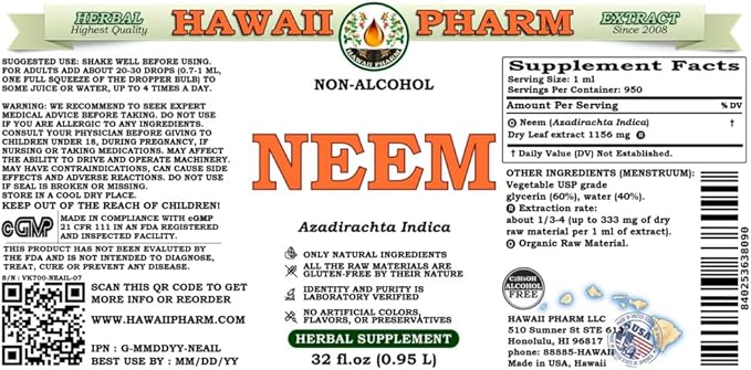 Hawaii Pharm Neem Alcohol-Free Liquid Extract, Professional Grade, Small Batch Crafted Neem (Azadirachta Indica) Dried Leaf Glycerite Natural Herbal Supplement, 2x32 fl.oz