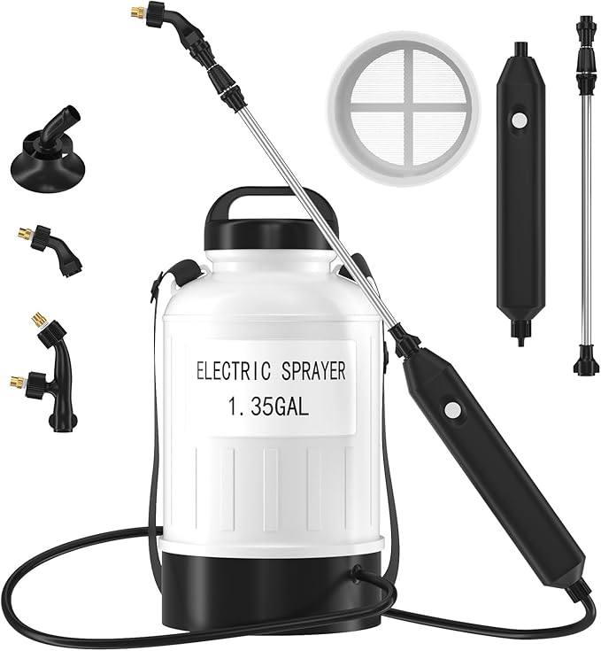 Battery Electric Sprayer, 1.35 Gallon USB Rechargeable Portable Lawn Garden Sprayer with 3.7V Battery, Adjustable Strap, Leak-Proof Wand, 3 Nozzles, 3-Hour Runtime for Plant Care,Outdoor Cleaning