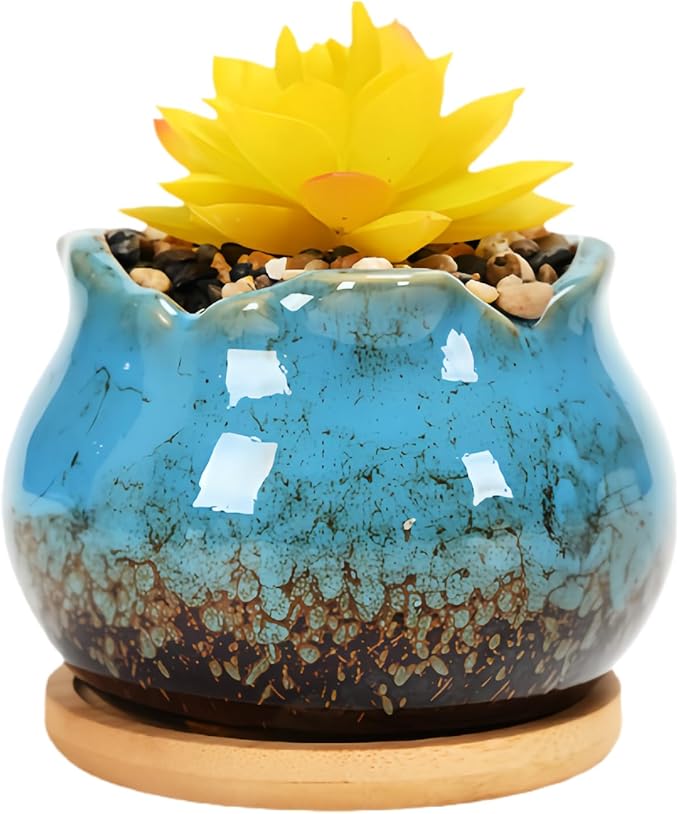 Cute Circular Ceramic Home Garden Decoration Succulent Cactus Flower Pots Container with Bamboo Tray -Plant Not Included (Blue, 4 Inch)
