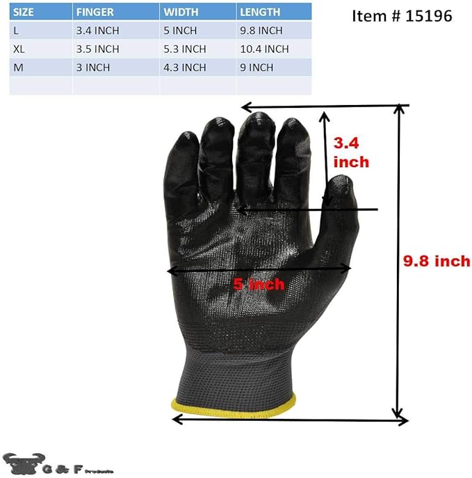 G & F Products - 6 PAIRS Men's Working Gloves with Micro Foam Coating - Garden Gloves Texture Grip Work Glove For general purpose, construction, yard work, Medium, Black, Model Number: 1519M-6 Black
