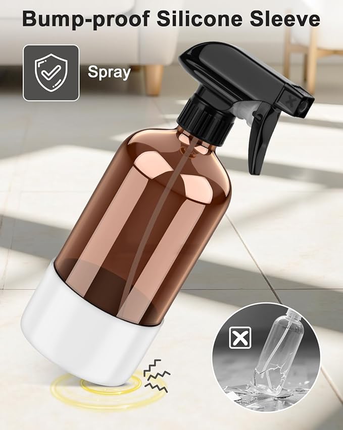 Bontip Amber Glass Spray Bottle with Silicone Sleeve Protection, 16 oz Refillable Spray Bottle for Cleaning Solutions, Plants, Aromatherapy, Facial Hydration (White Sleeve(Amber Bottle)