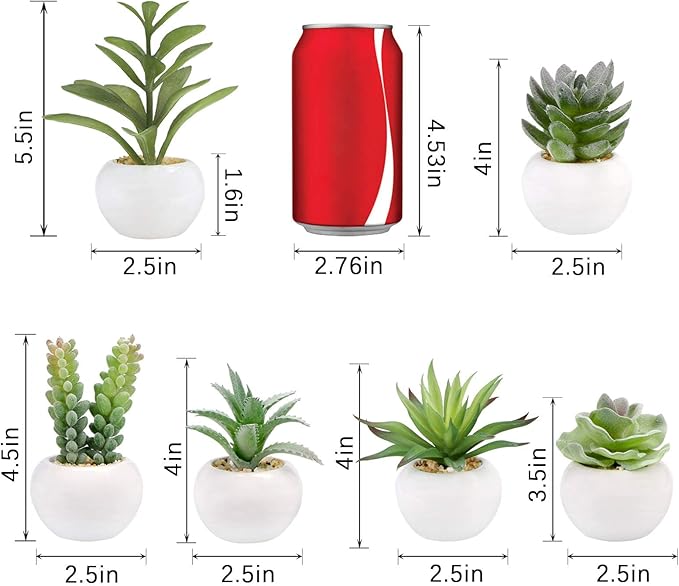 GREENTIME 6 Pcs Mini Artificial Succulents Plants in Ceramic Pots Small Fake Succulent Faux Plant Indoor Decor Bedroom Desk Bathroom Office Living Room Table Shelf Home Decoration Green White
