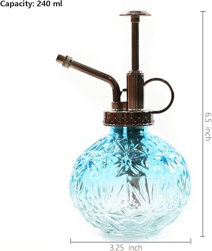 Hniuyun Glass Plant Mister Spray Bottle, 6.5inch Tall Vintage Round Spritzer with Bronze Plastic Top Pump for Watering Your Garden (Blue White Gradient)