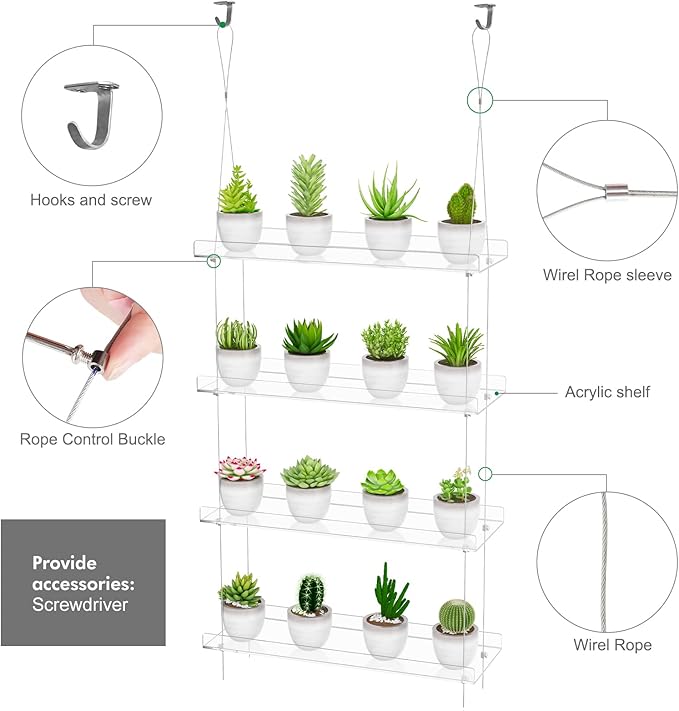 OtNiap Clear Hanging Window Plant Shelves,2-Pack 4-Tier,Indoor Windows Wall Hanging Plant Stand Flower Display,Flower Pot Organizer Storage for Window Grow Herbs,Microgreens,Succulents,Flowe4,16-Inch