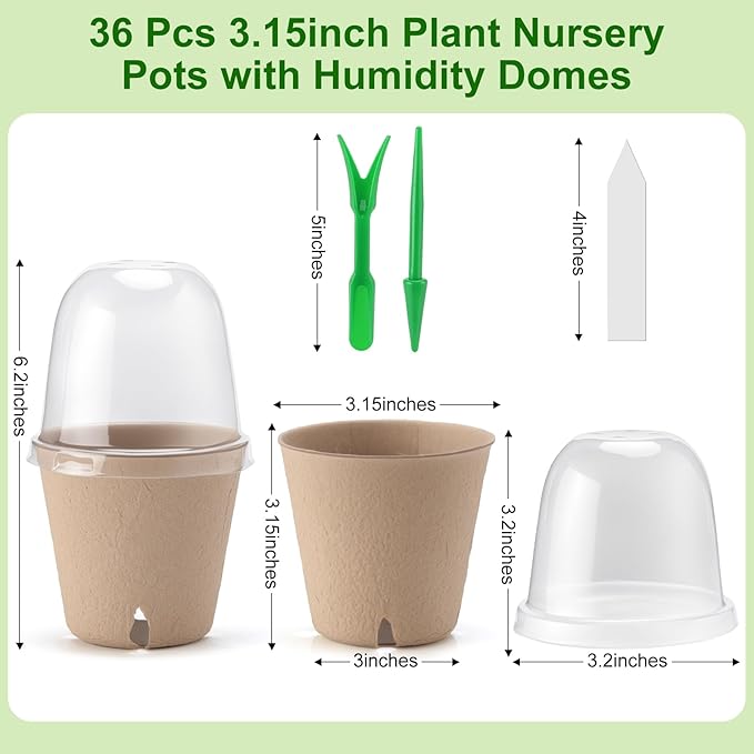 Baxrou 36 Set 3.15 Inch Peat Pots Plant Starters for Seedling with Humidity Dome,Herb Seed Starter Pots Kits, Garden Germination Nursery Pot wit 36 Plant Labels, 2 Transplant Tools.