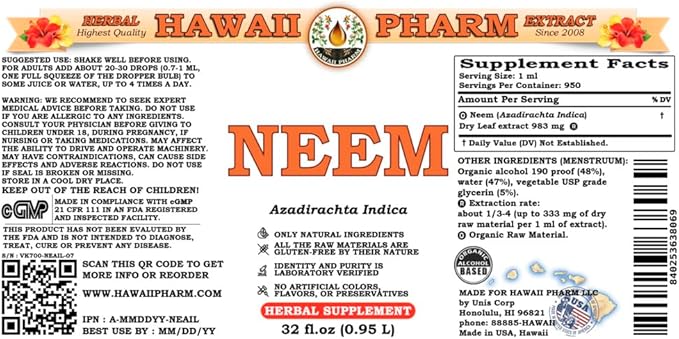 Hawaii Pharm Neem (Azadirachta Indica) Liquid Extract, Tincture, Herbal Supplement, Made in USA, 32 fl.oz