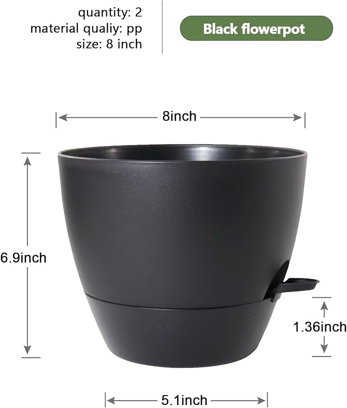 WSMKSZ 8 inch Self Watering Pots, 2 Pack Plastic Planters with Mesh Drainage Holes for Garden Plants and Flower, Plants Pots with Deep Reservoir for Indoor Outdoor Plants, Black