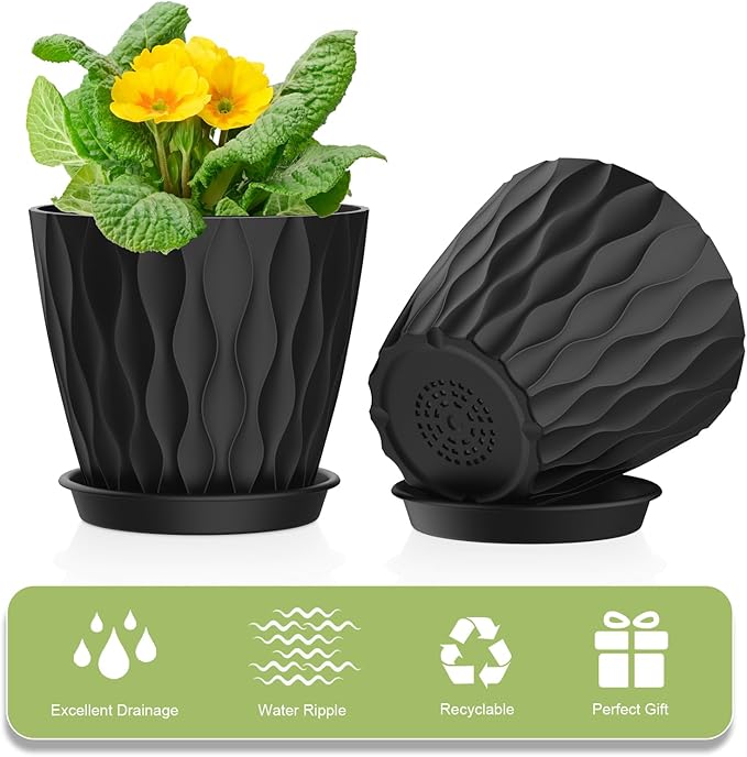 UOUZ 12 Pack 4 Inch Small Plant Pots with Saucers, Waffle Texture Plastic Planters with Drainage Holes for Indoor and Outdoor Plants, Flowers, Herbs, Succulents, and Seedlings, Black