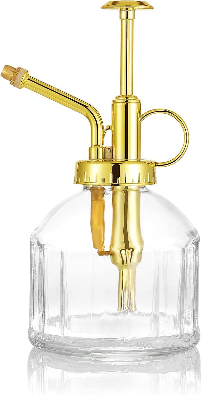 Glass Plant Mister Spray Bottle, Succulent Watering Bottle with Golden Top Pump, Vintage Plant Spritzer, Decorative Water Sprayer Small Watering Can for Indoor Outdoor Houseplant - Clear