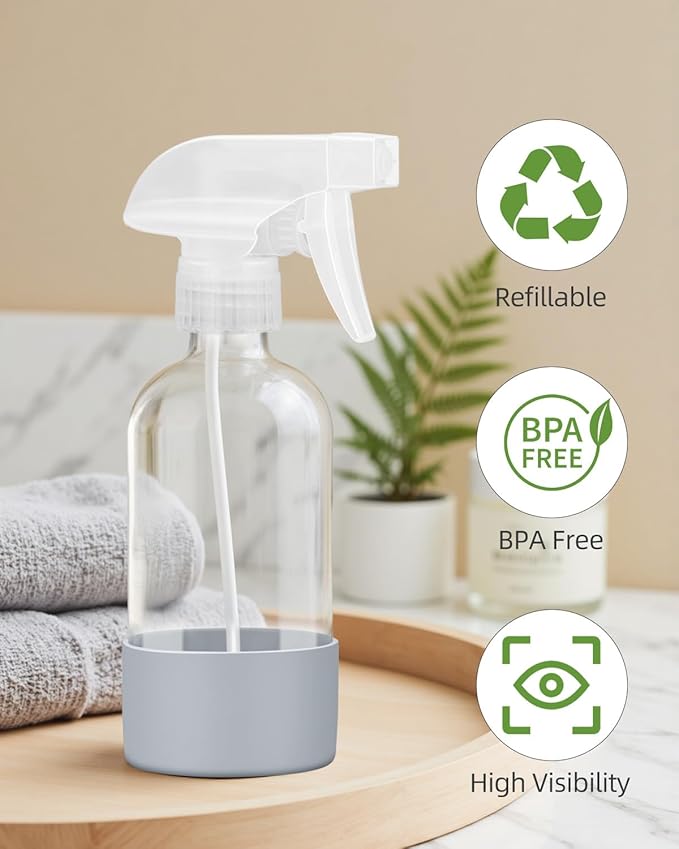 Worldgsb 4 Pack Glass Spray Bottles 8 oz, Empty Refillable Containers with Silicone Sleeve Protection, Glass Spray Bottles for Cleaning Solutions, Hair and Plants with Adjustable Nozzles Blue&Grey