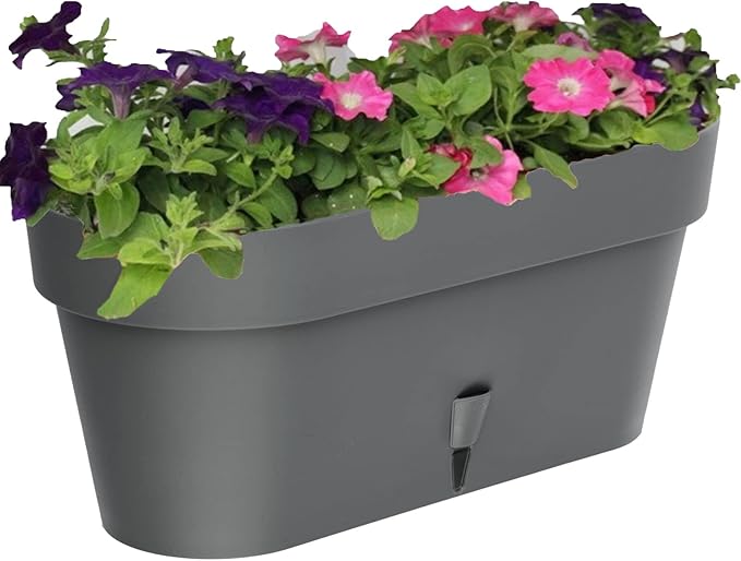 DECOPOTS - Self Watering Window Box Planter - Indoor/Outdoor - Windows/Oblong Shape Plastic Planter with Bottom Watering and Water Level Indicator (15.6 Inch Long, Graphite