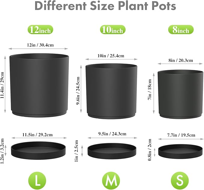 Meowell 12/10/8 inch Large Deep Plant Pots, 3 Pack Tall Cylinder Flower Pots for Outdoor Indoor Plants, Plastic Planters with Drainage Holes and Saucers for Garden Porch House Plants, Black